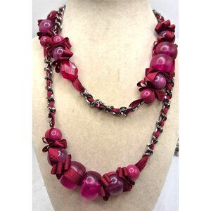 Fuchsia, Magenta Beaded & Ribbon Long Necklace